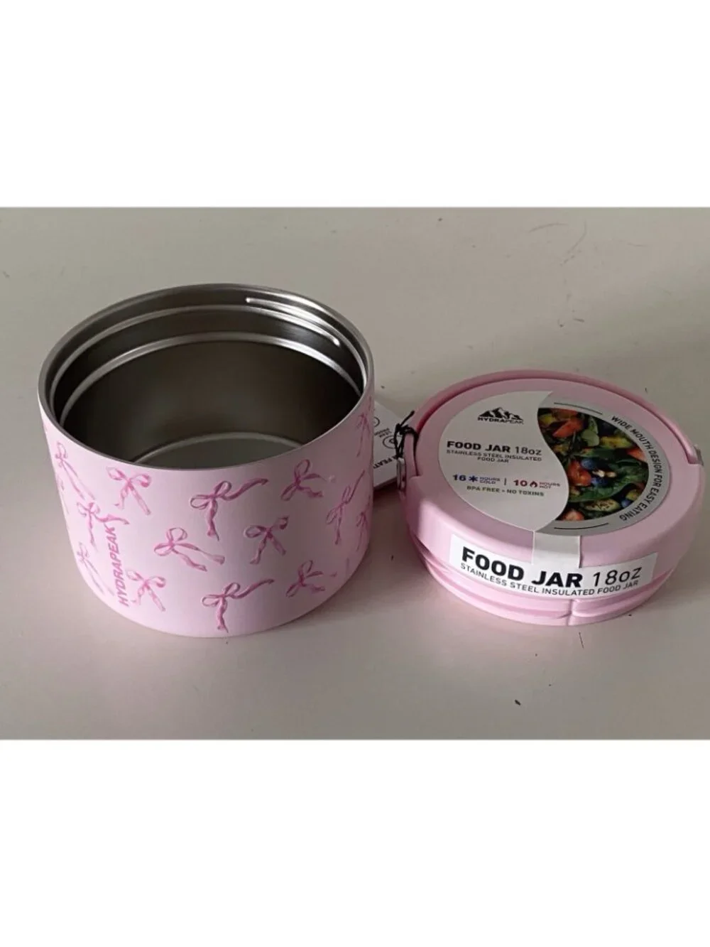 Hydrapeak Insulated Food Jar 18 Oz Pink Bows Coquette Stainless Steel BPA Free